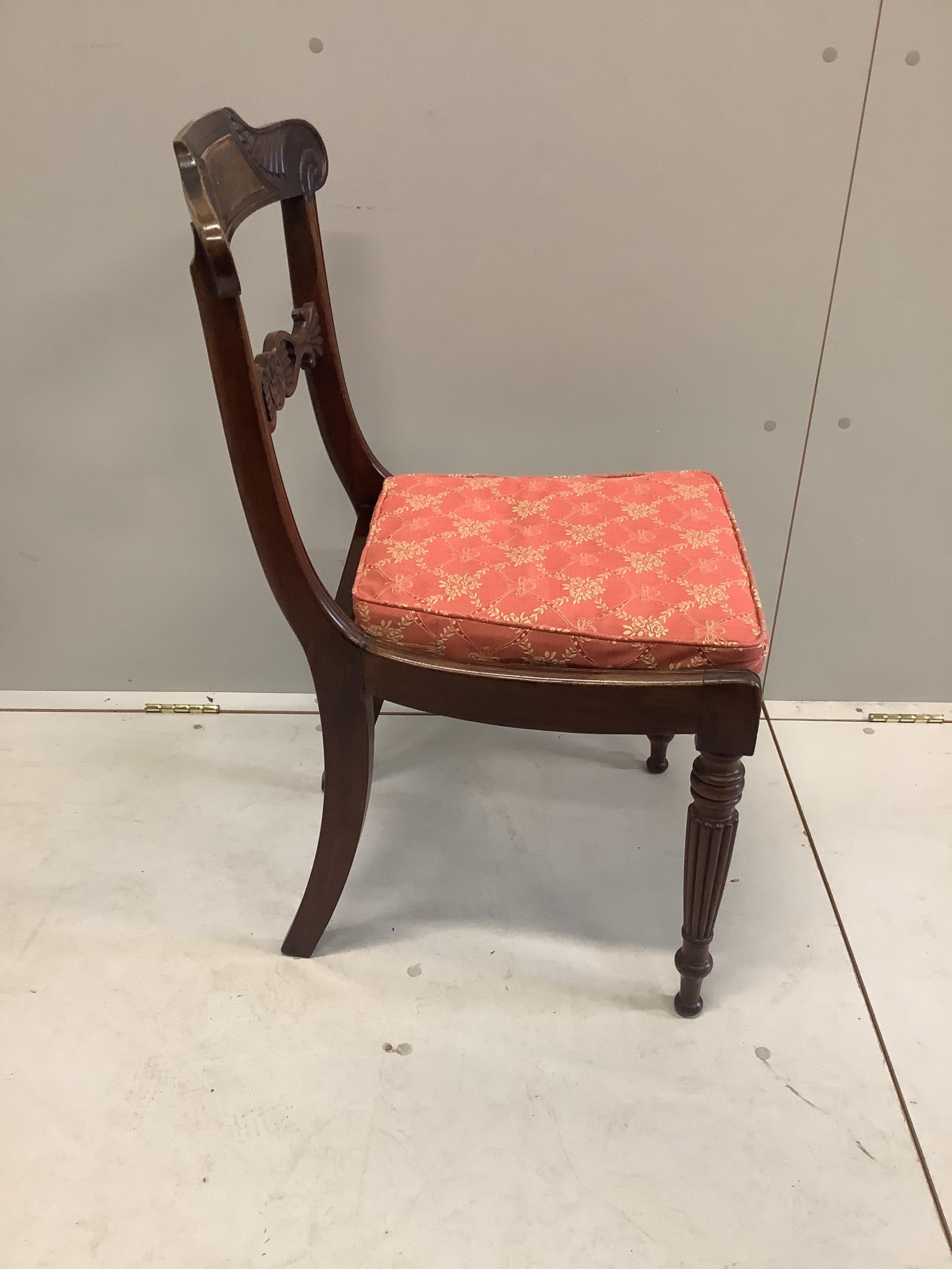 A set of eight Regency cut brass inlaid faded rosewood cane seat dining chairs, width 45cm, depth 40cm, height 88cm